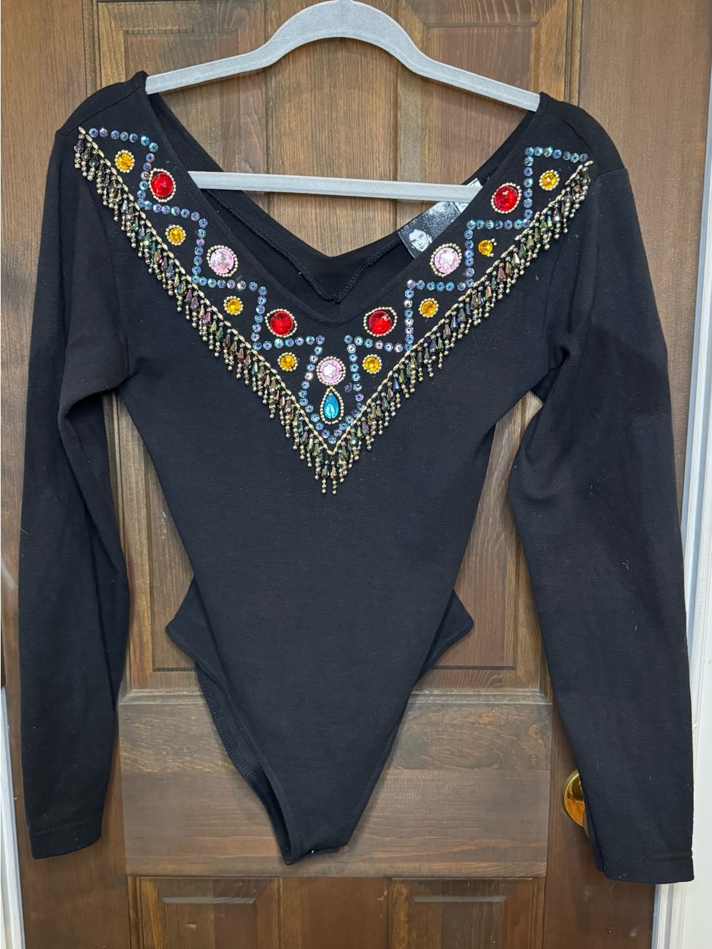 Vtg 80s In Charge Bejeweled Beaded Bodysuit Medium Black Western Fringe Leotard
